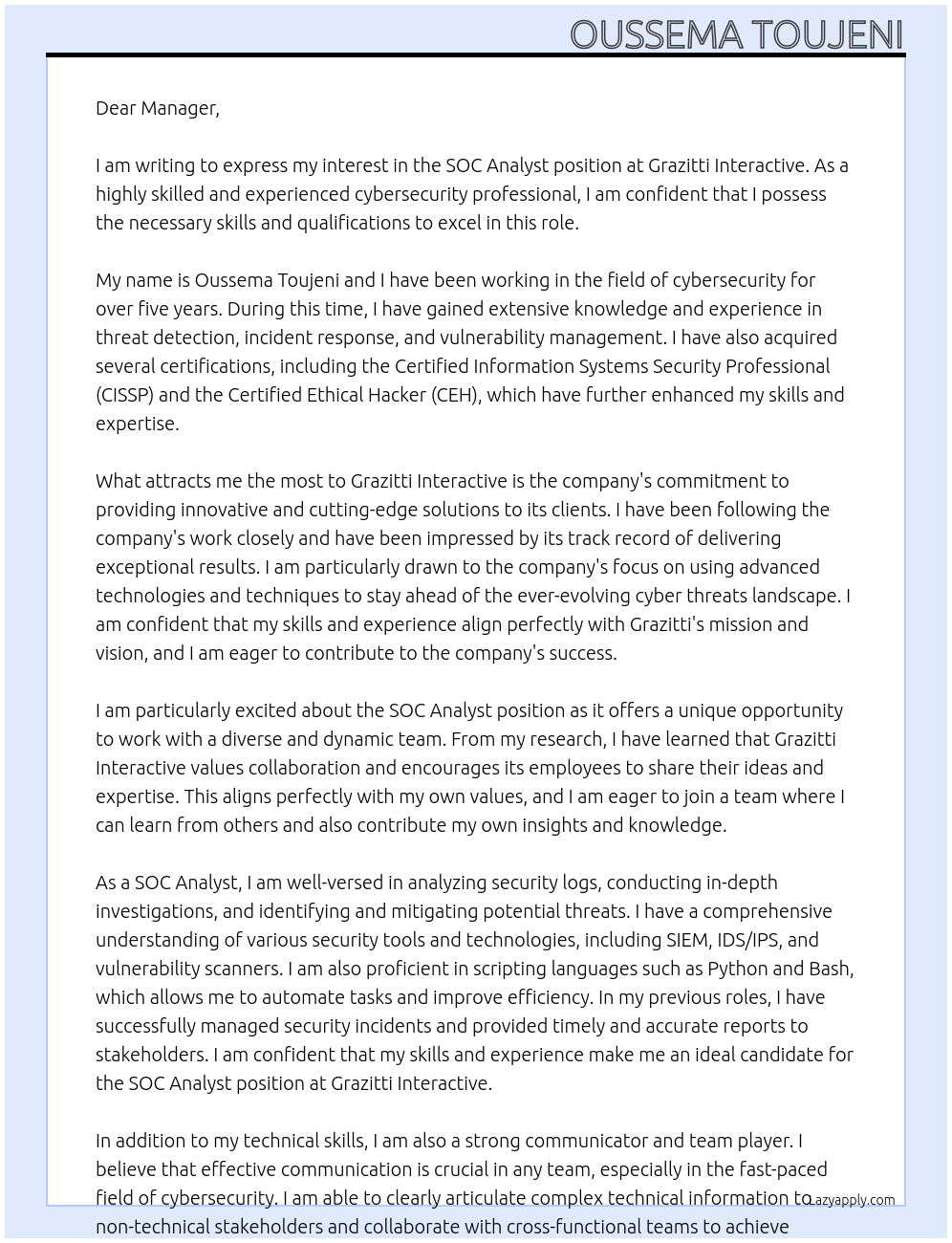 SOC Analyst At Grazitti Interactive Cover Letter