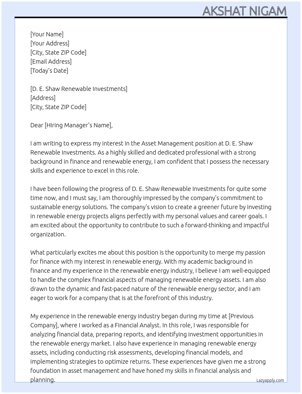 Asset Management At D. E. Shaw Renewable Investments Cover Letter