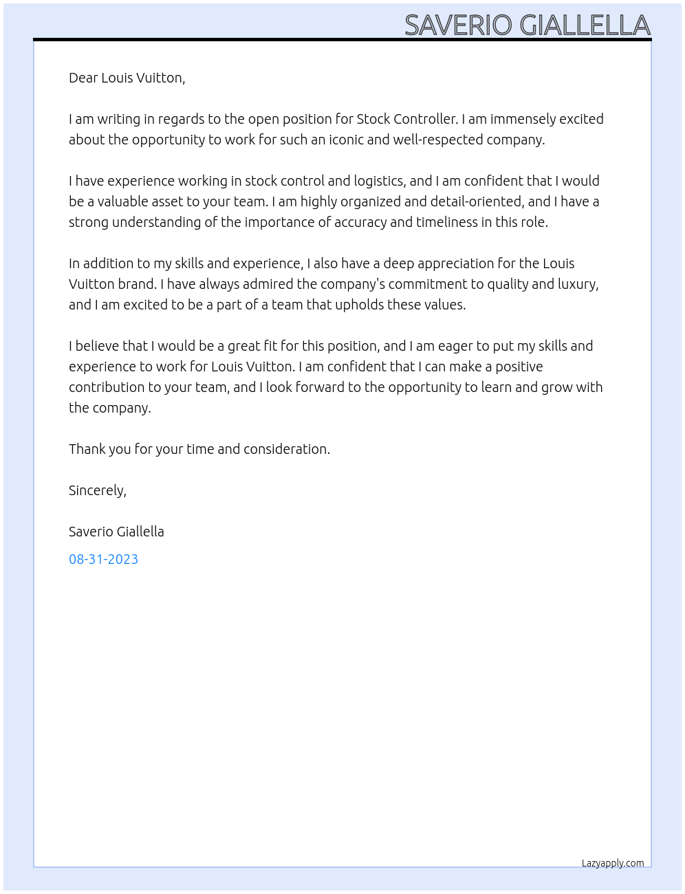 Stock Controller At Louis Vuitton Cover Letter