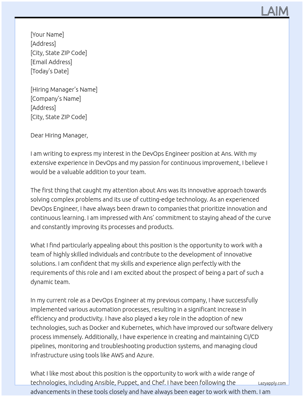 DevOps Engineer At Ans Cover Letter