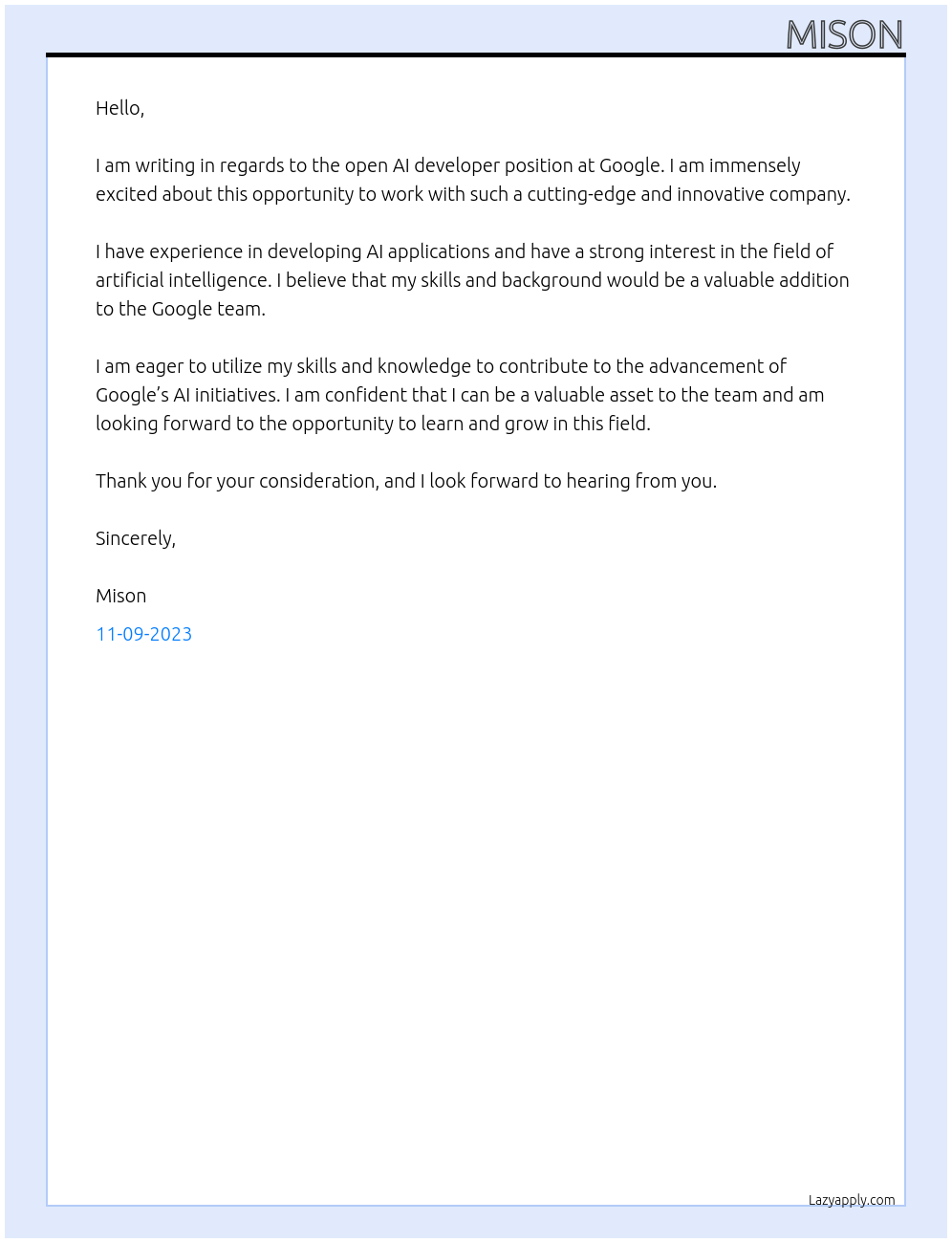 ai developer At google Cover Letter