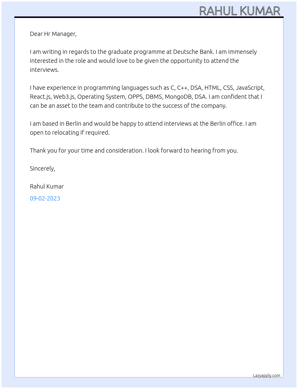 Graduate Programme At Deutsche Bank Cover Letter