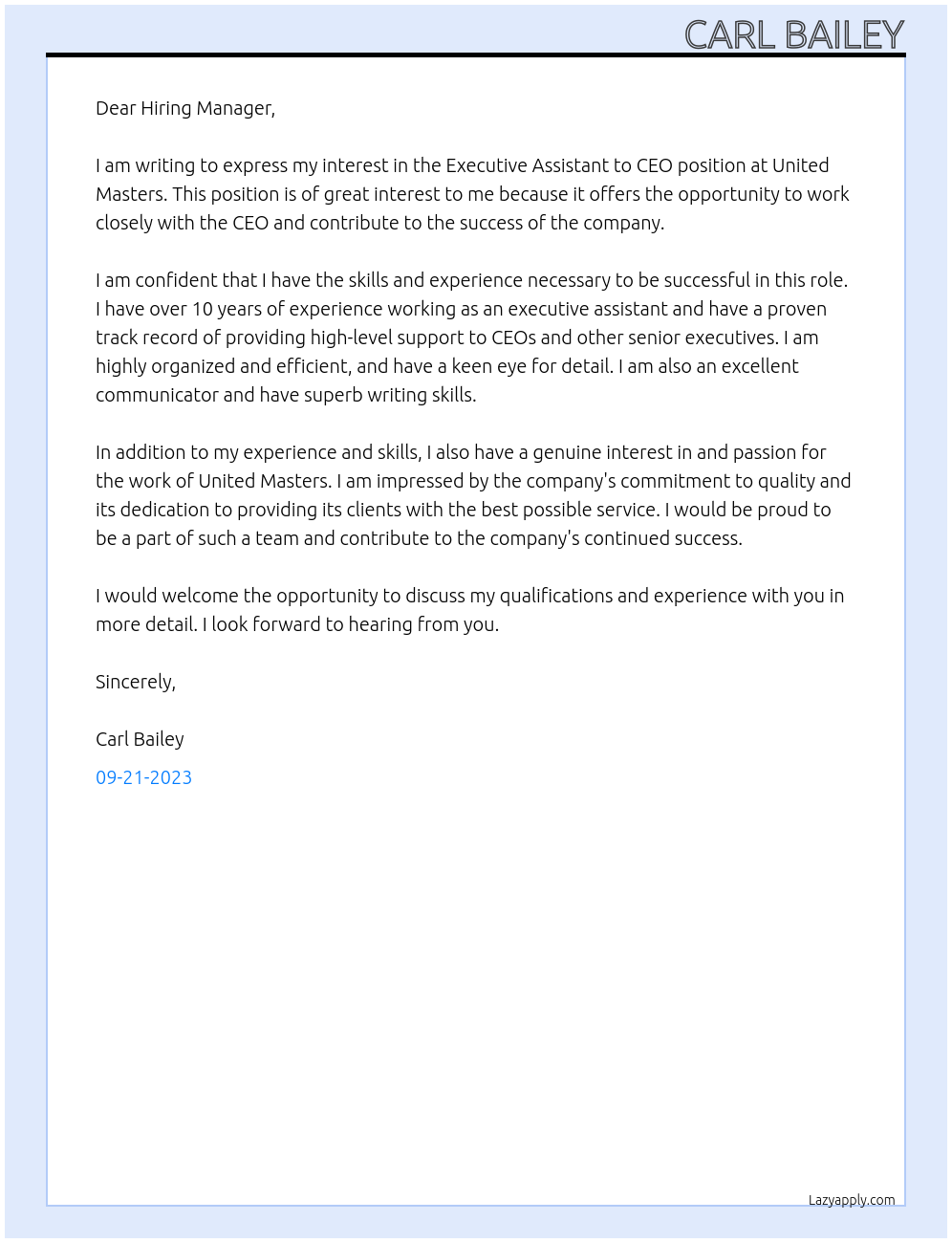 Executive Assistant to CEO At United Masters Cover Letter