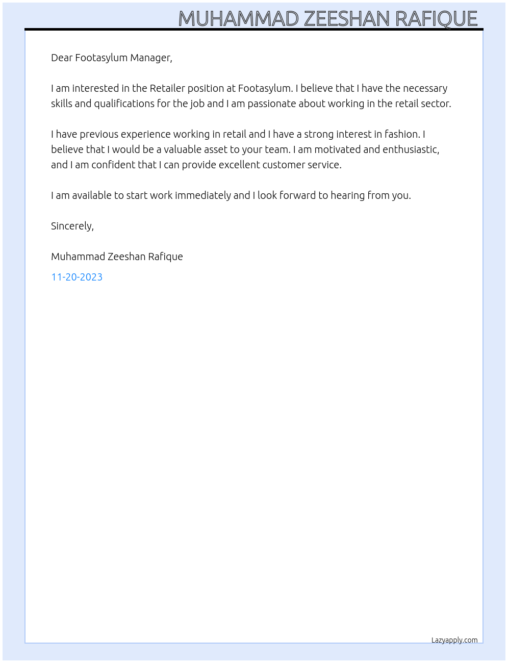 Retailer At Footasylum Cover Letter