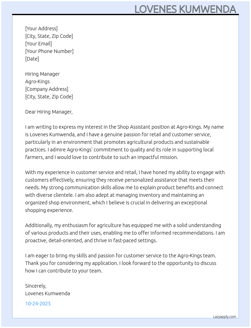 Shop Assistant At Agro-Kings Cover Letter