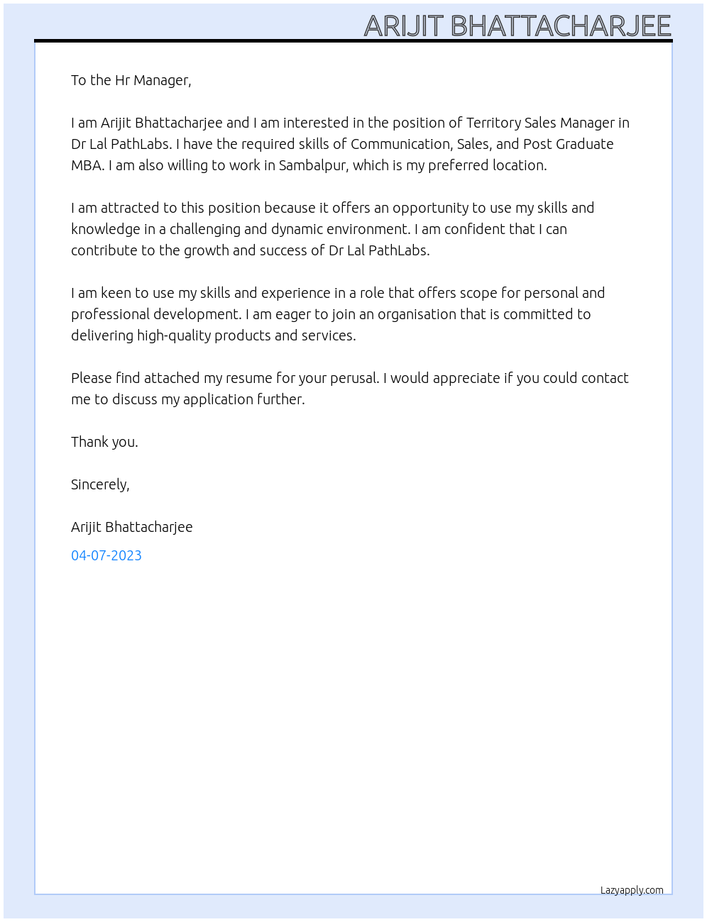 Territory Sales Manager At Dr Lal PathLabs Cover Letter