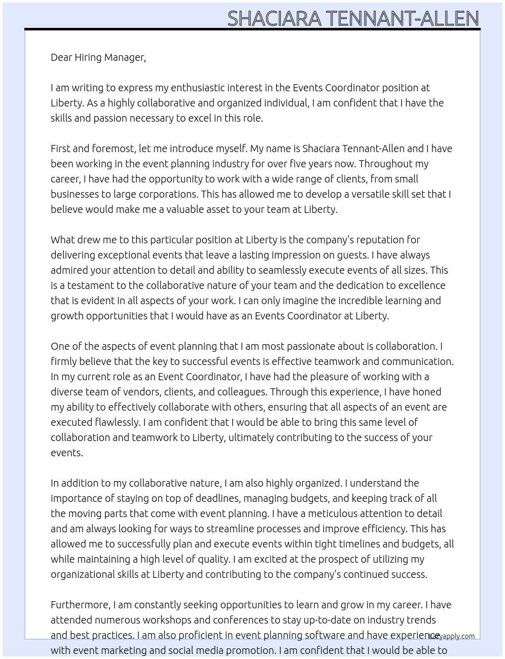 Events Coordinator At liberty Cover Letter