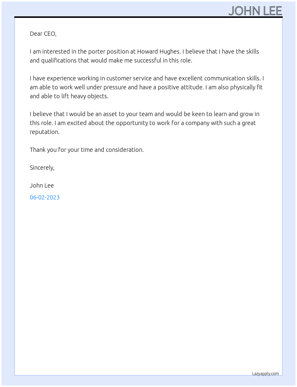 porter At Howard Hughes Cover Letter