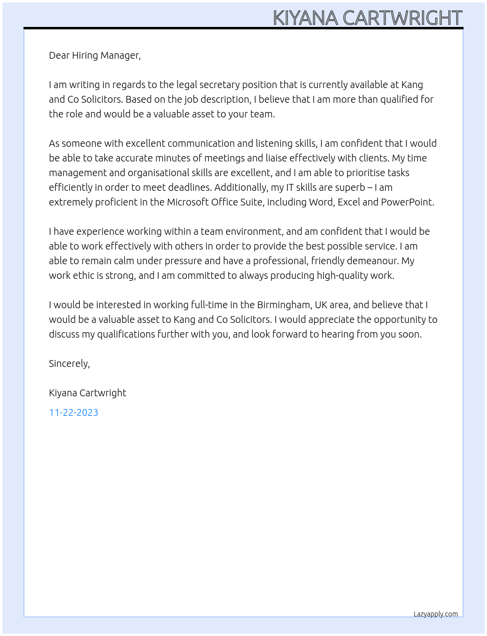 Legal secretary At Kang and Co Solicitors Cover Letter
