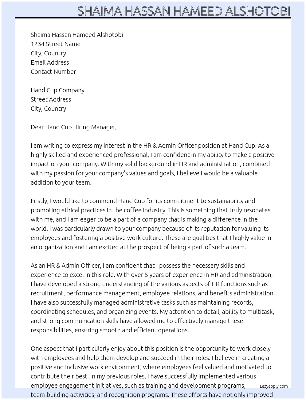 HR &admin officer At hand cup Cover Letter