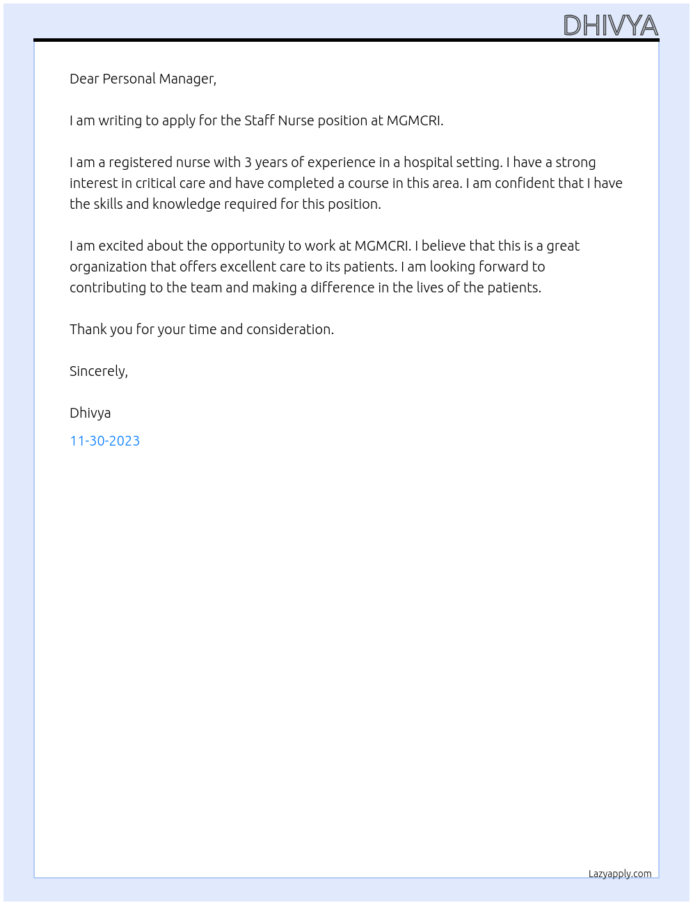 Staff Nurse At MGMCRI Cover Letter