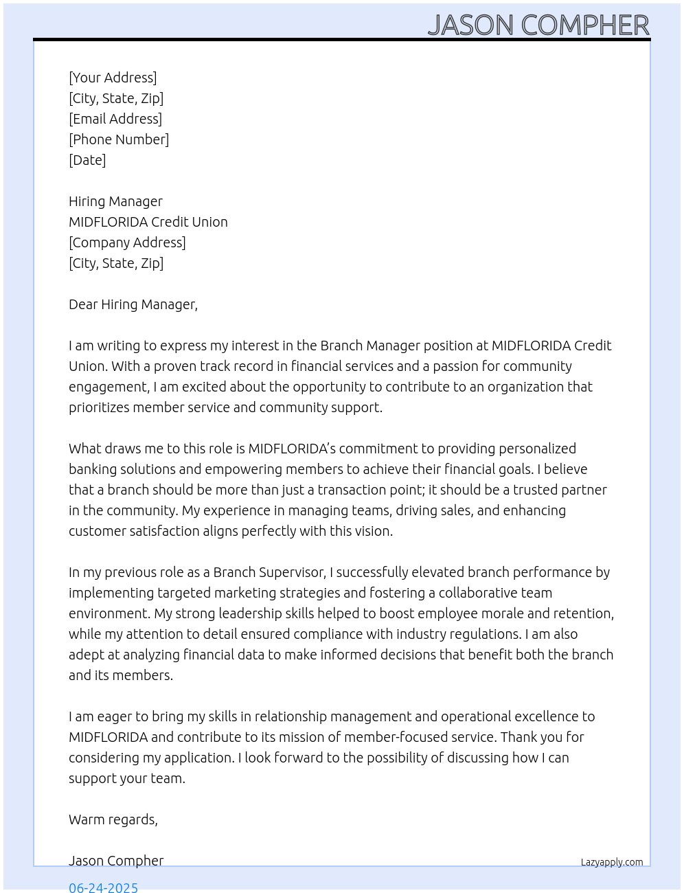 Branch Manager At MIDFLORIDA Credit Union Cover Letter