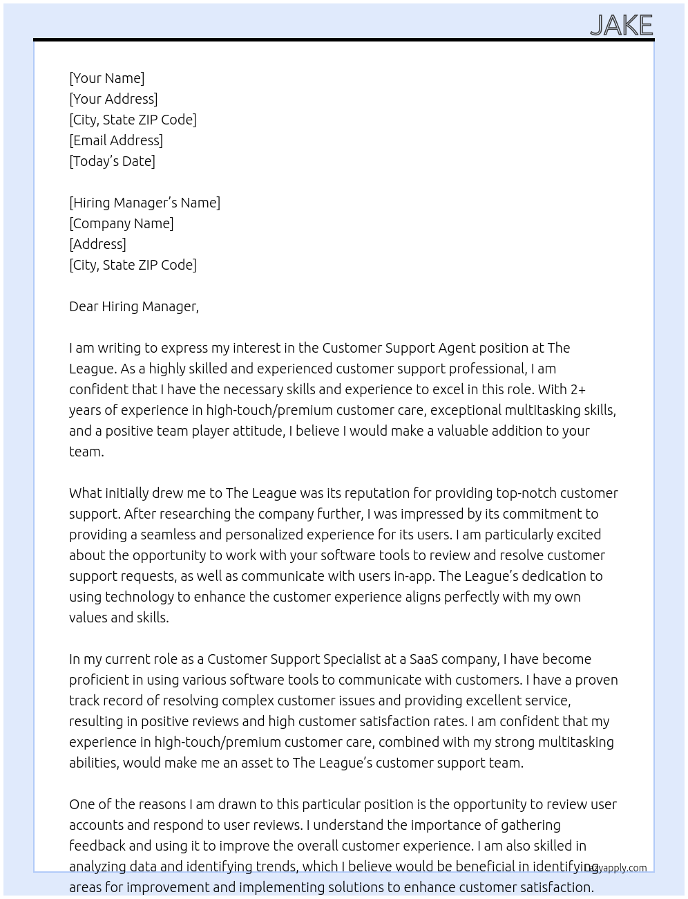 Customer Support Agent At The League Cover Letter
