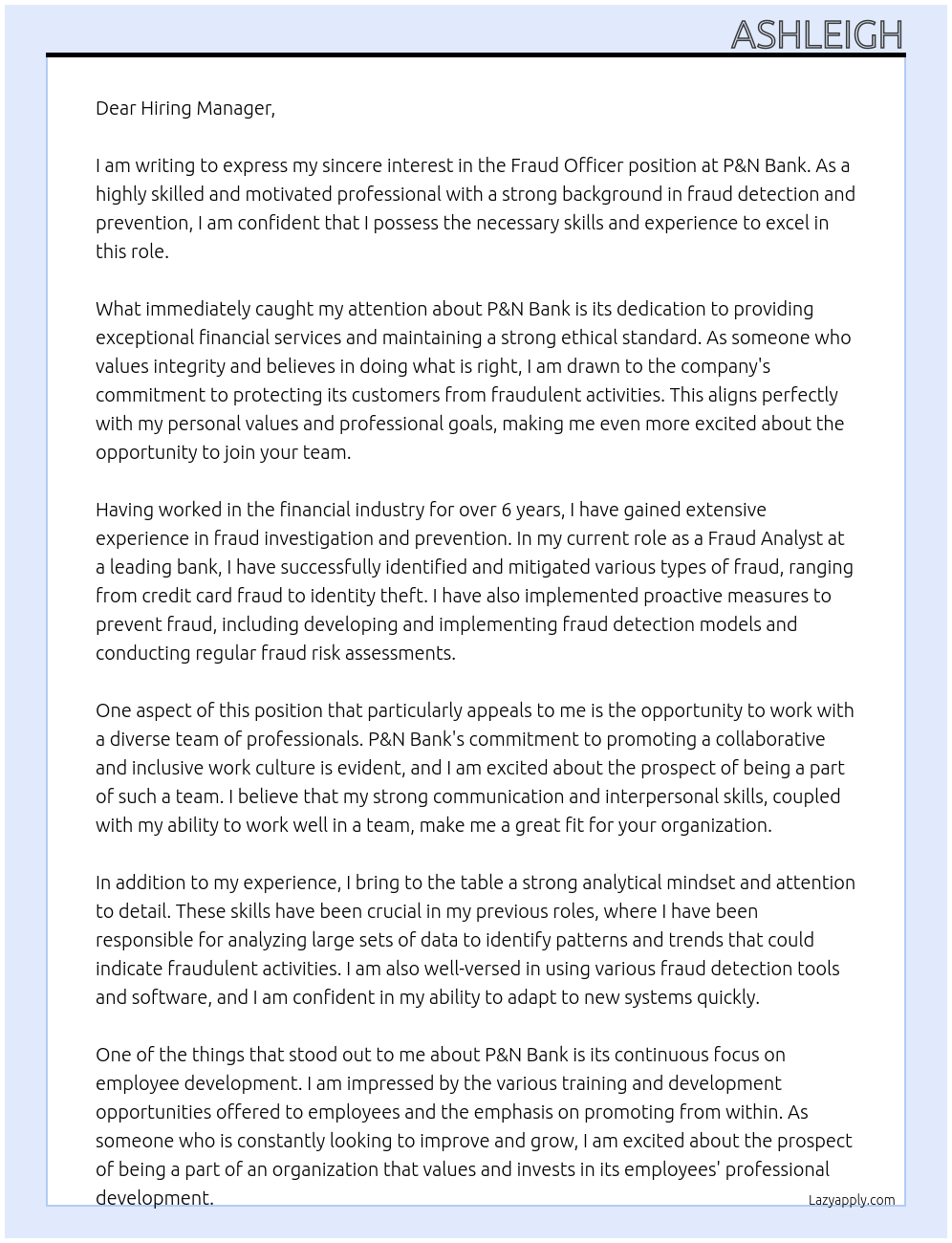 fraud officer At P&N Bank Cover Letter