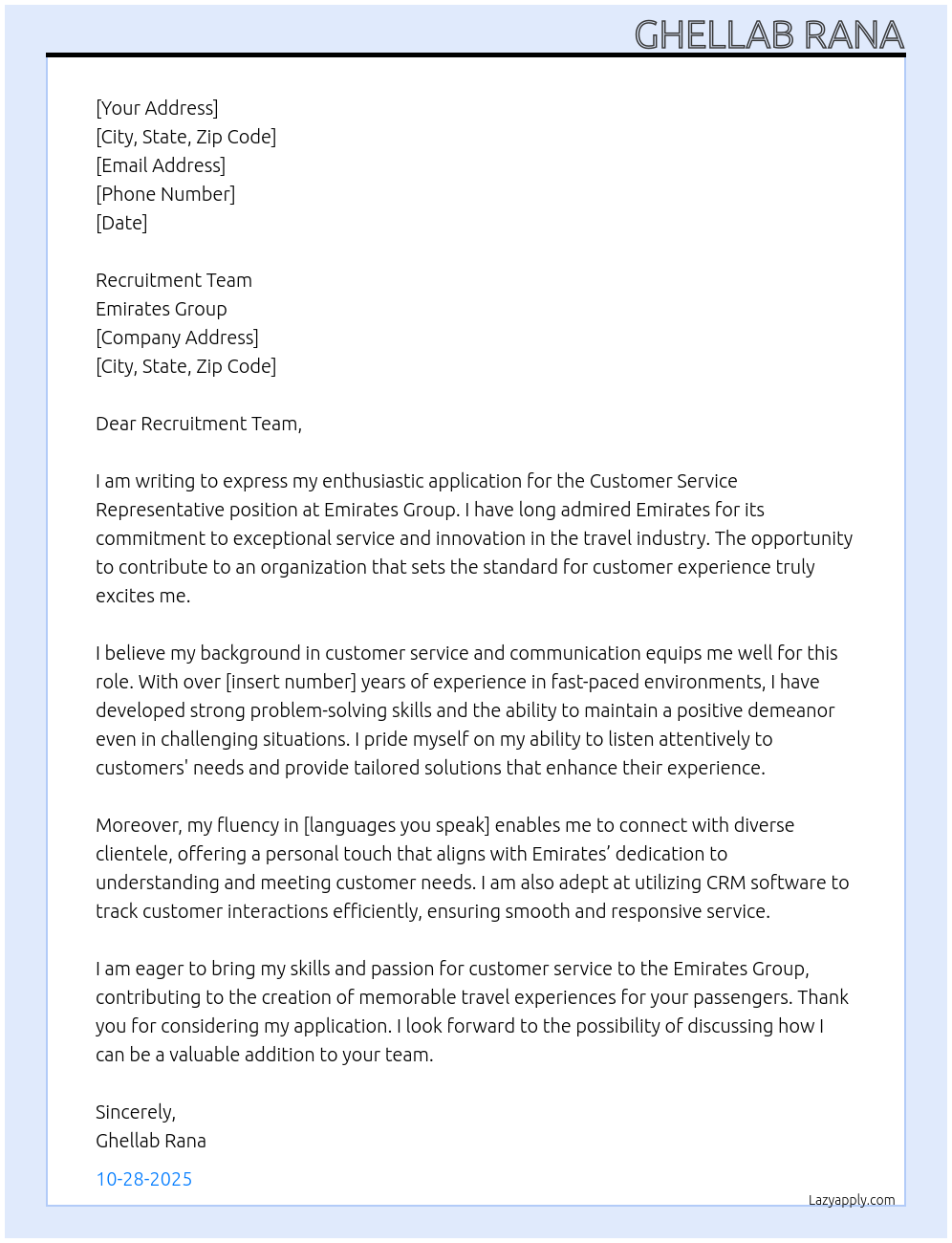 Customer Service Representative At Emirates Group Cover Letter