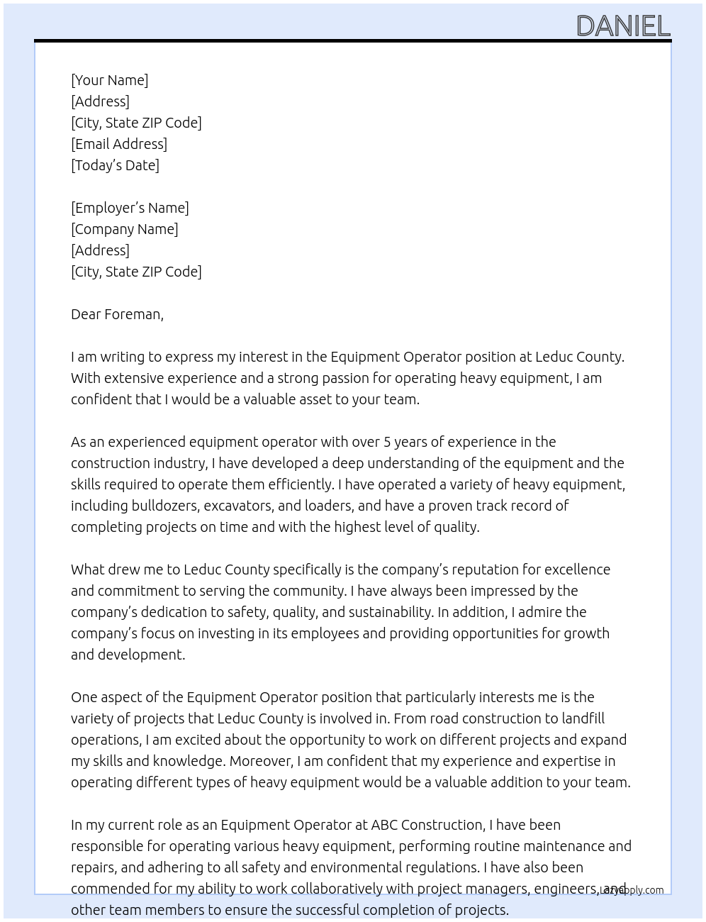 Equipment Operator At Leduc County Cover Letter