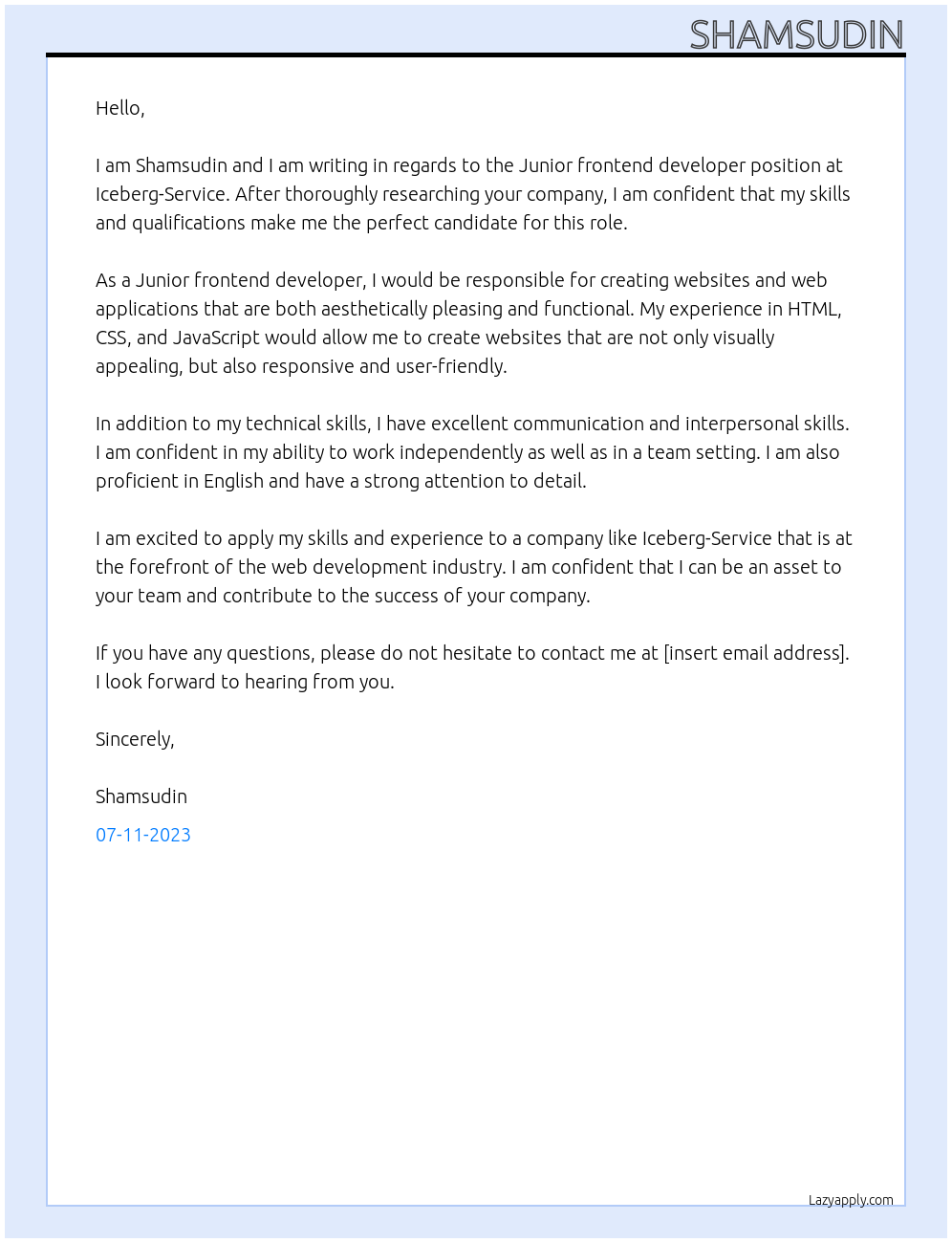 Junior frontend developer At ICEBERG-Service Cover Letter