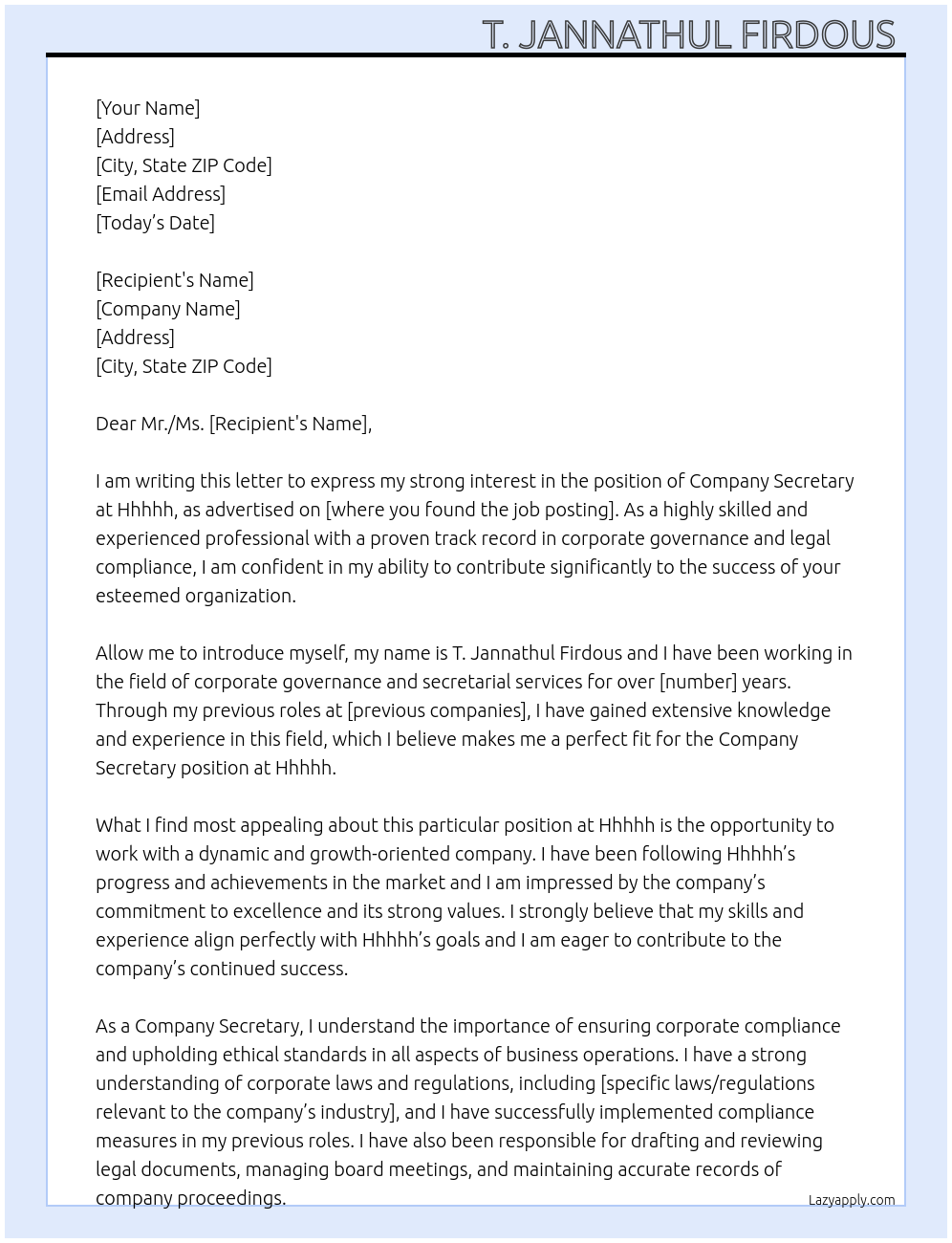 Company Secretary At Hhhhh Cover Letter
