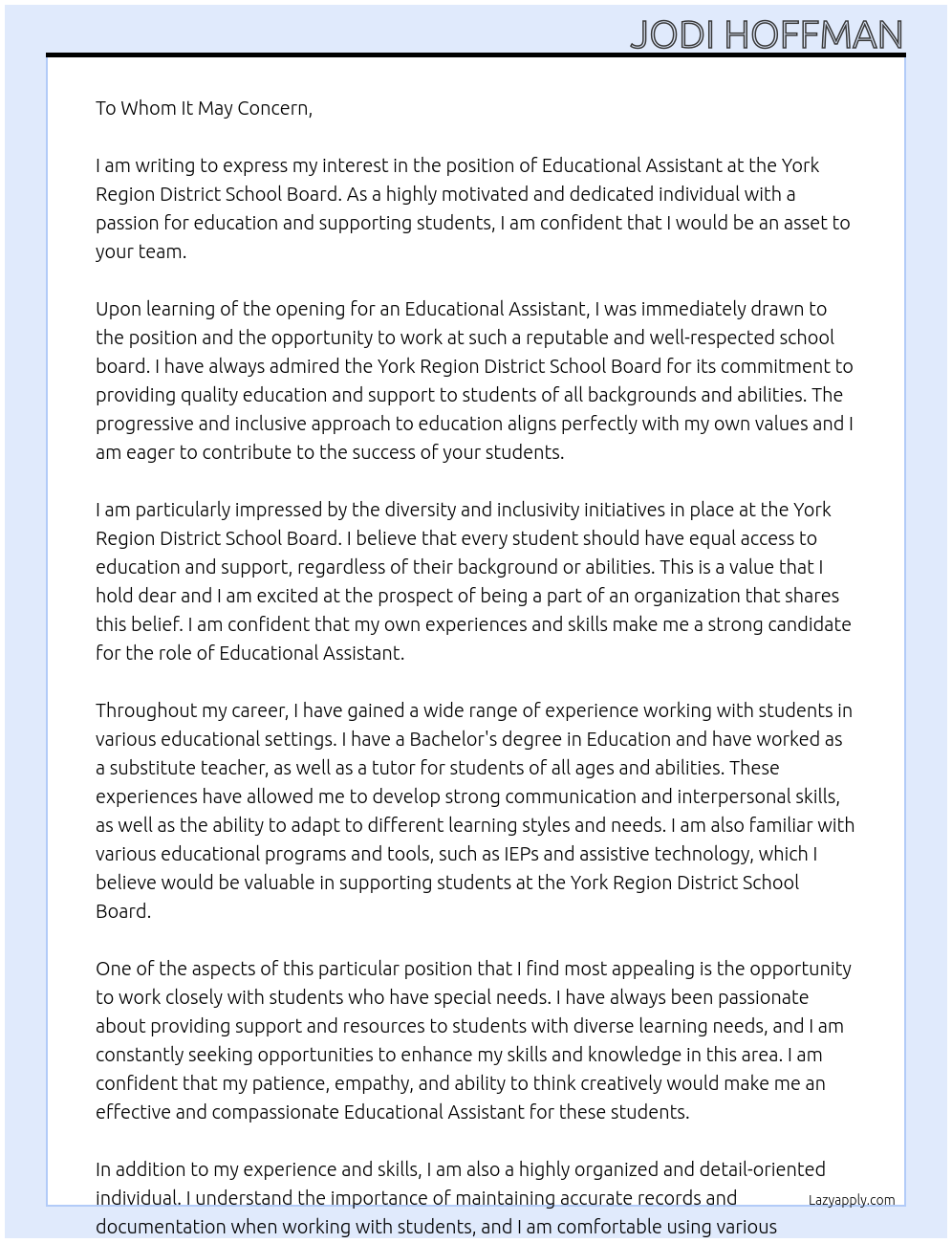 Educational Assistant At York Region District School Board Cover Letter