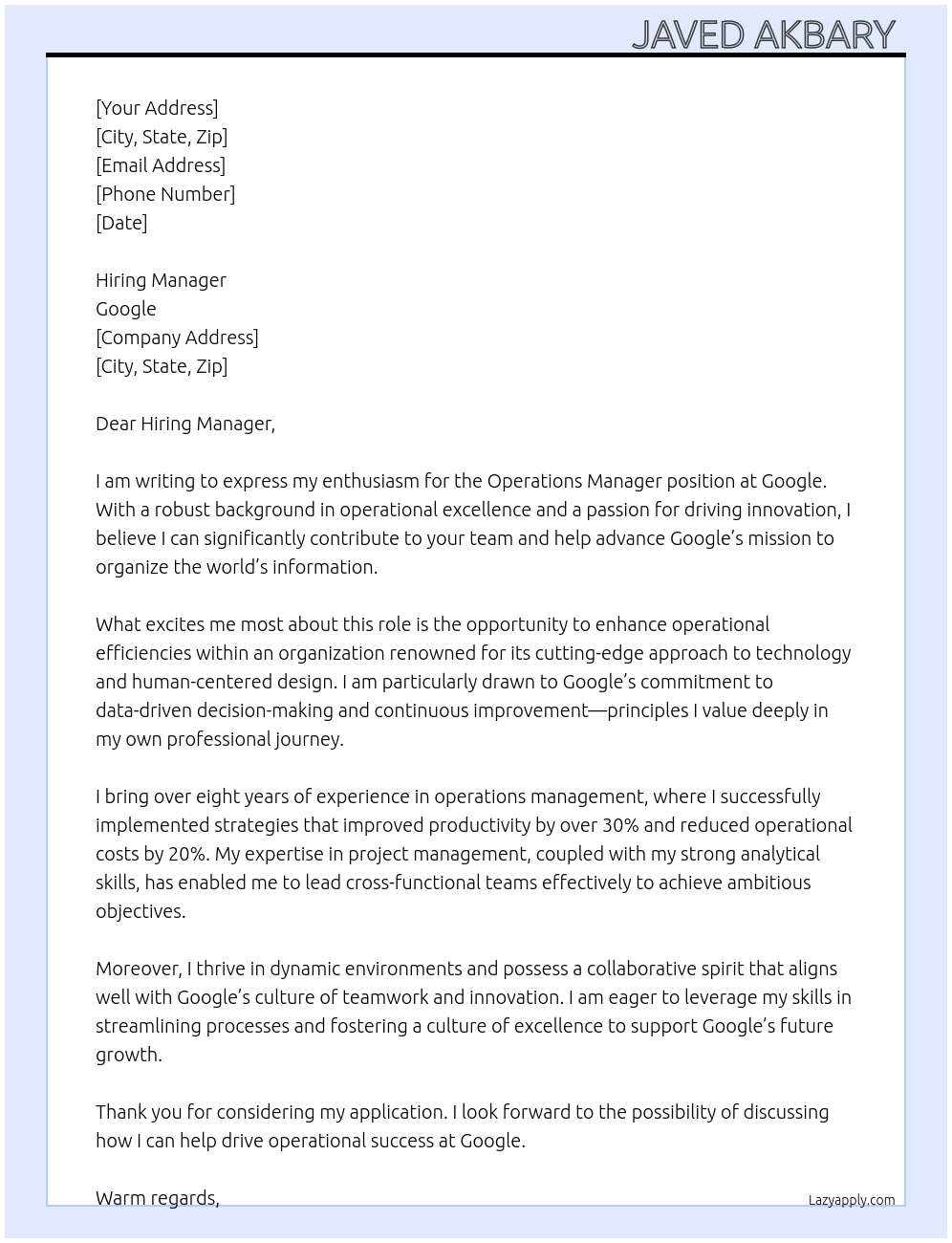 Operations Manager At Google Cover Letter