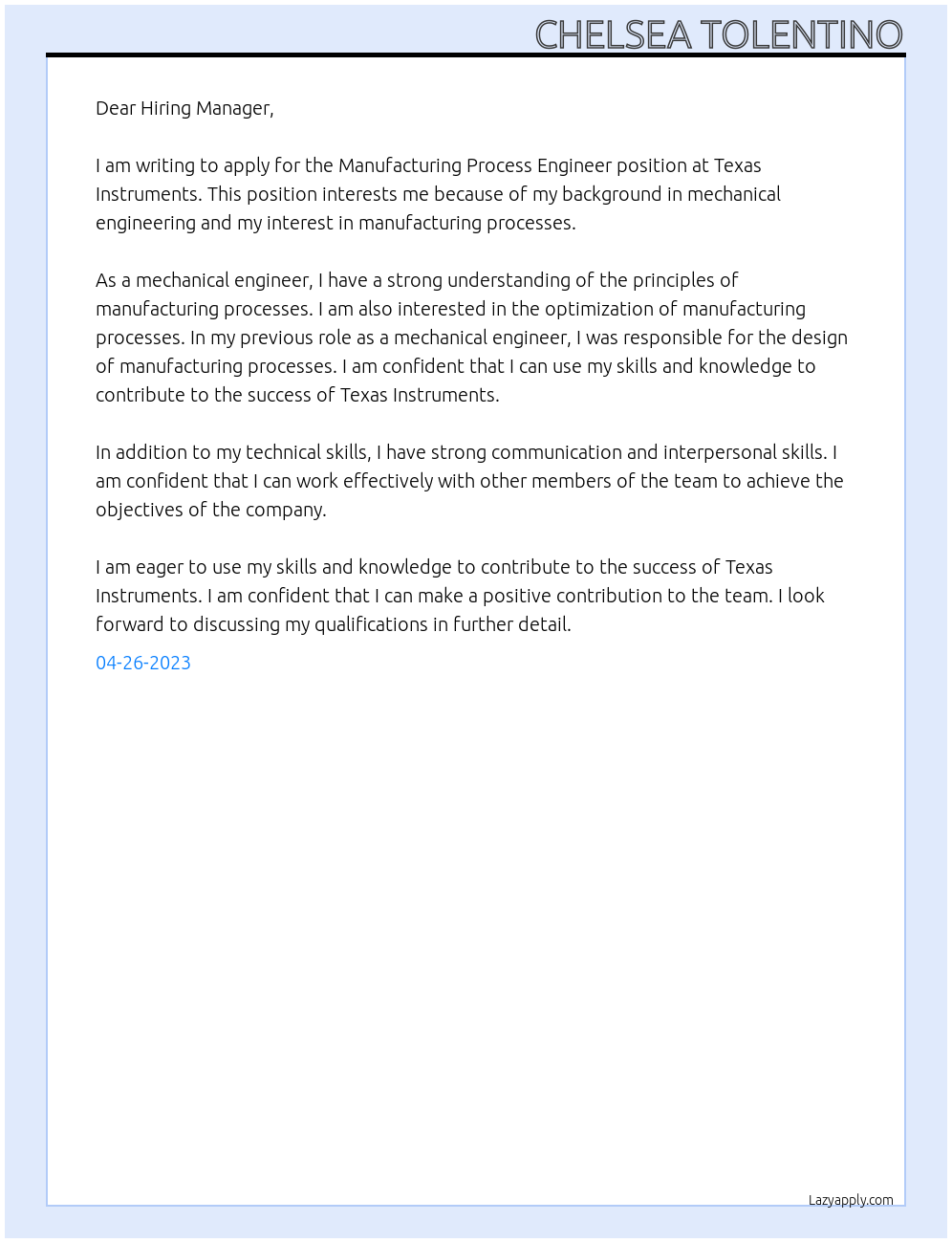 Manufacturing Process Engineer At Texas Instruments Cover Letter