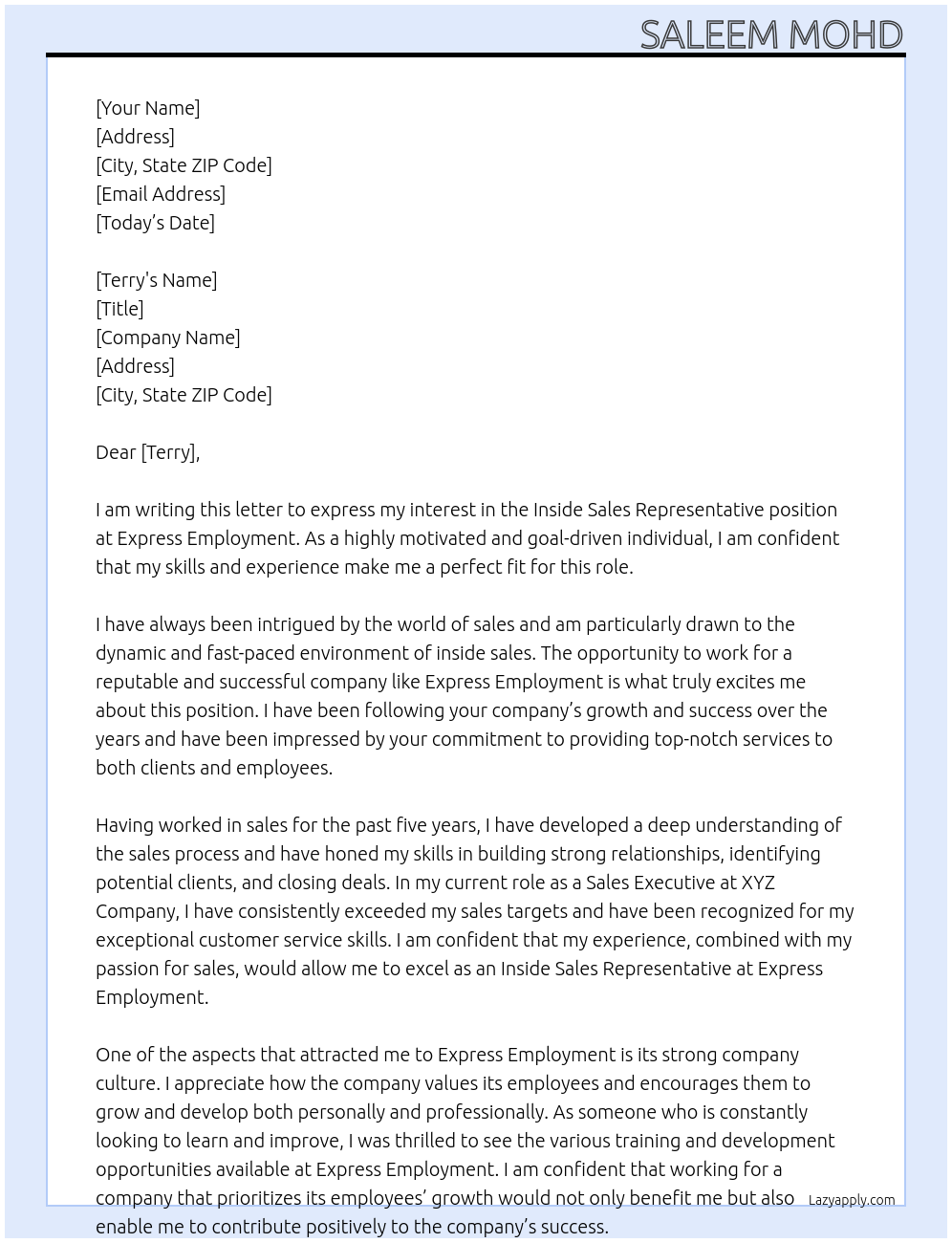Inside Sales representative At Express Employment Cover Letter