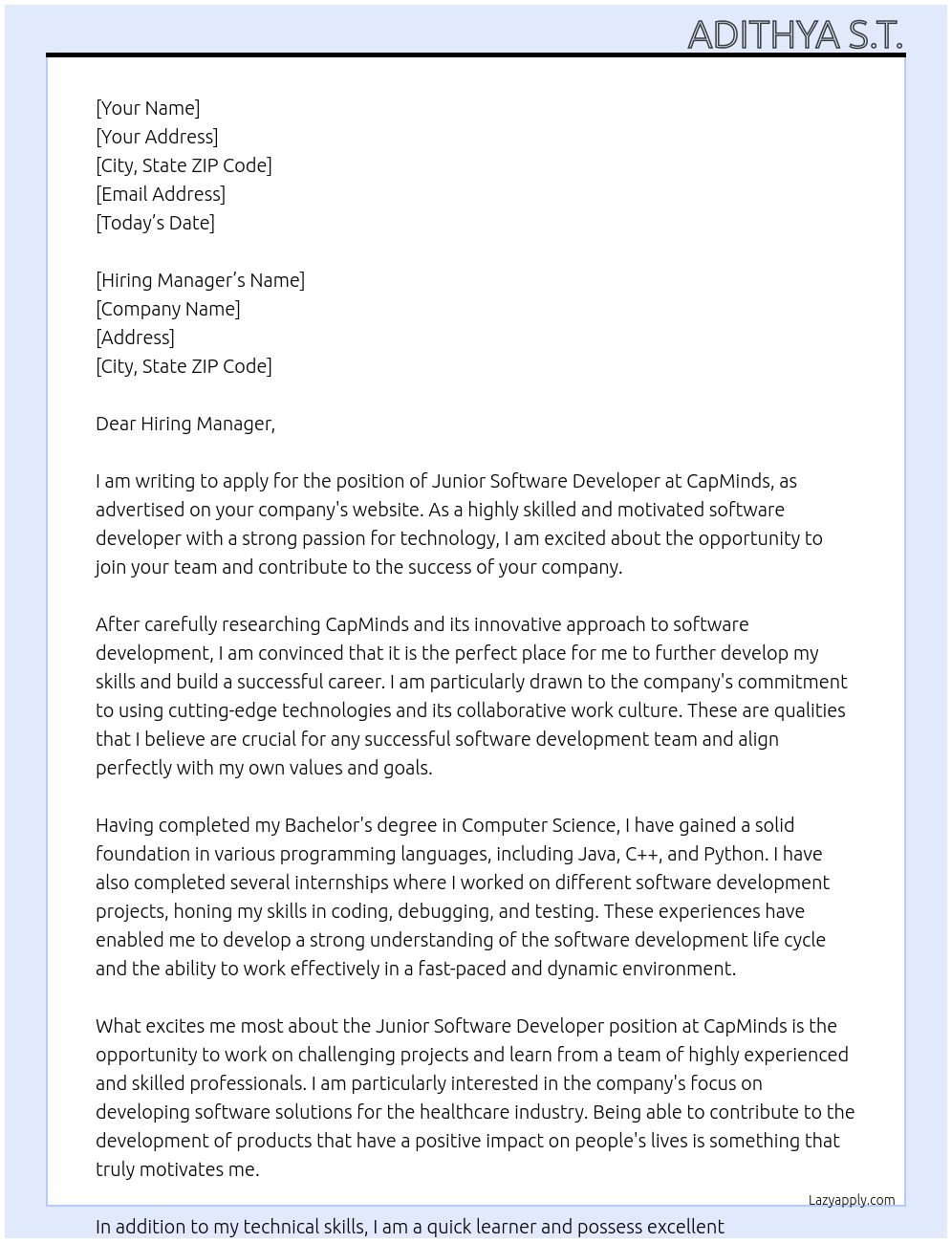 Junior Software Developer At CapMinds Cover Letter