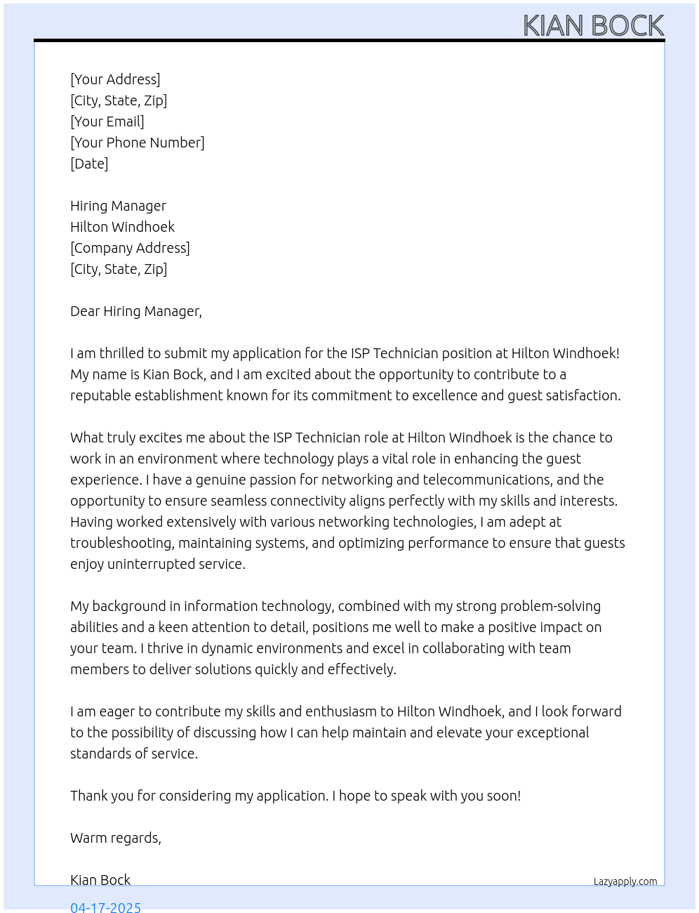 ISP Technician  At Hilton Windhoek  Cover Letter