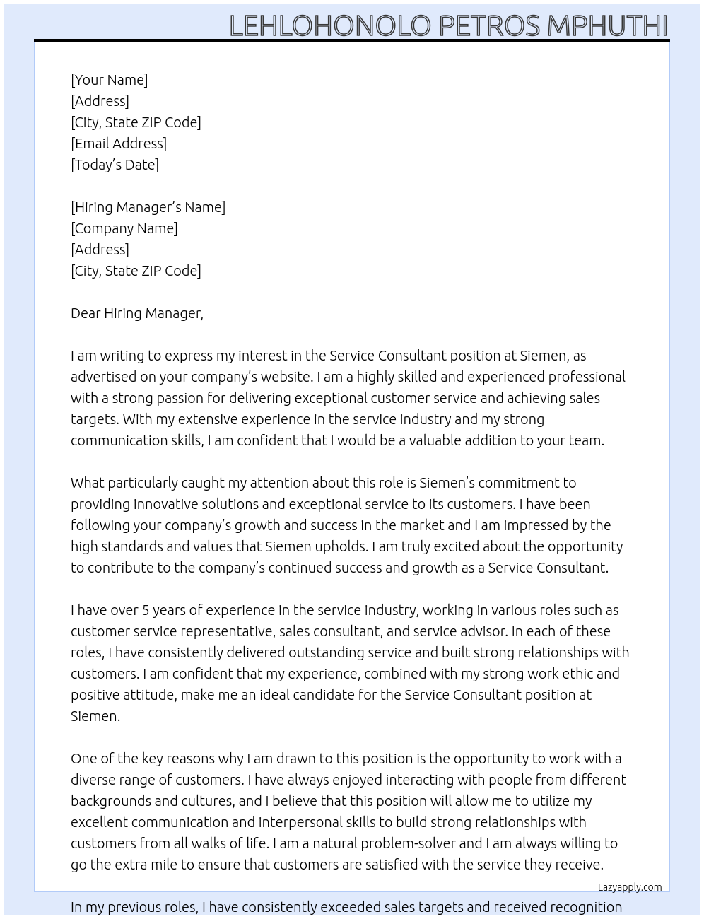 Service Consultant At Siemen Cover Letter