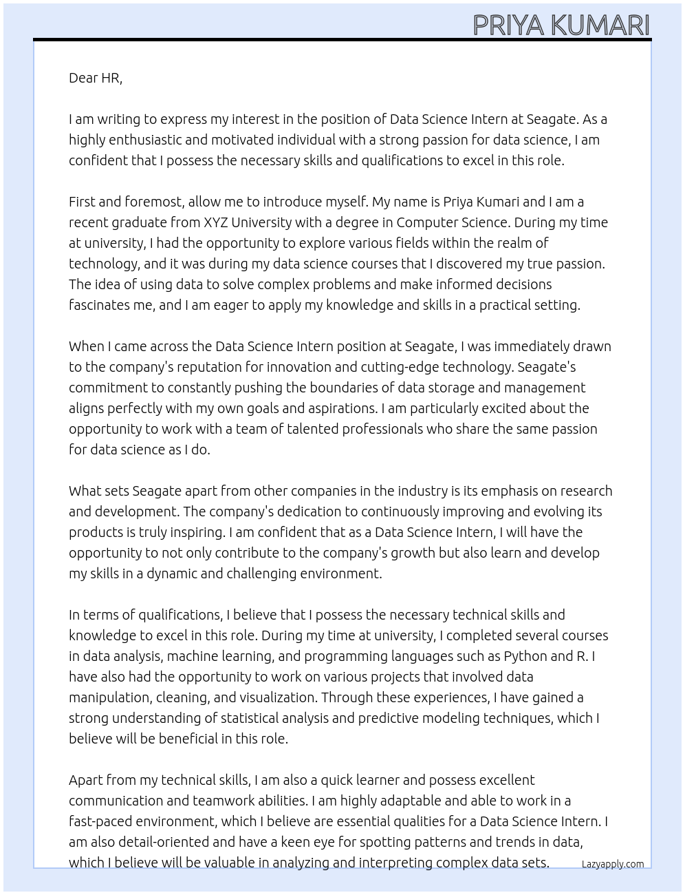 Data Science Intern At Seagate Cover Letter