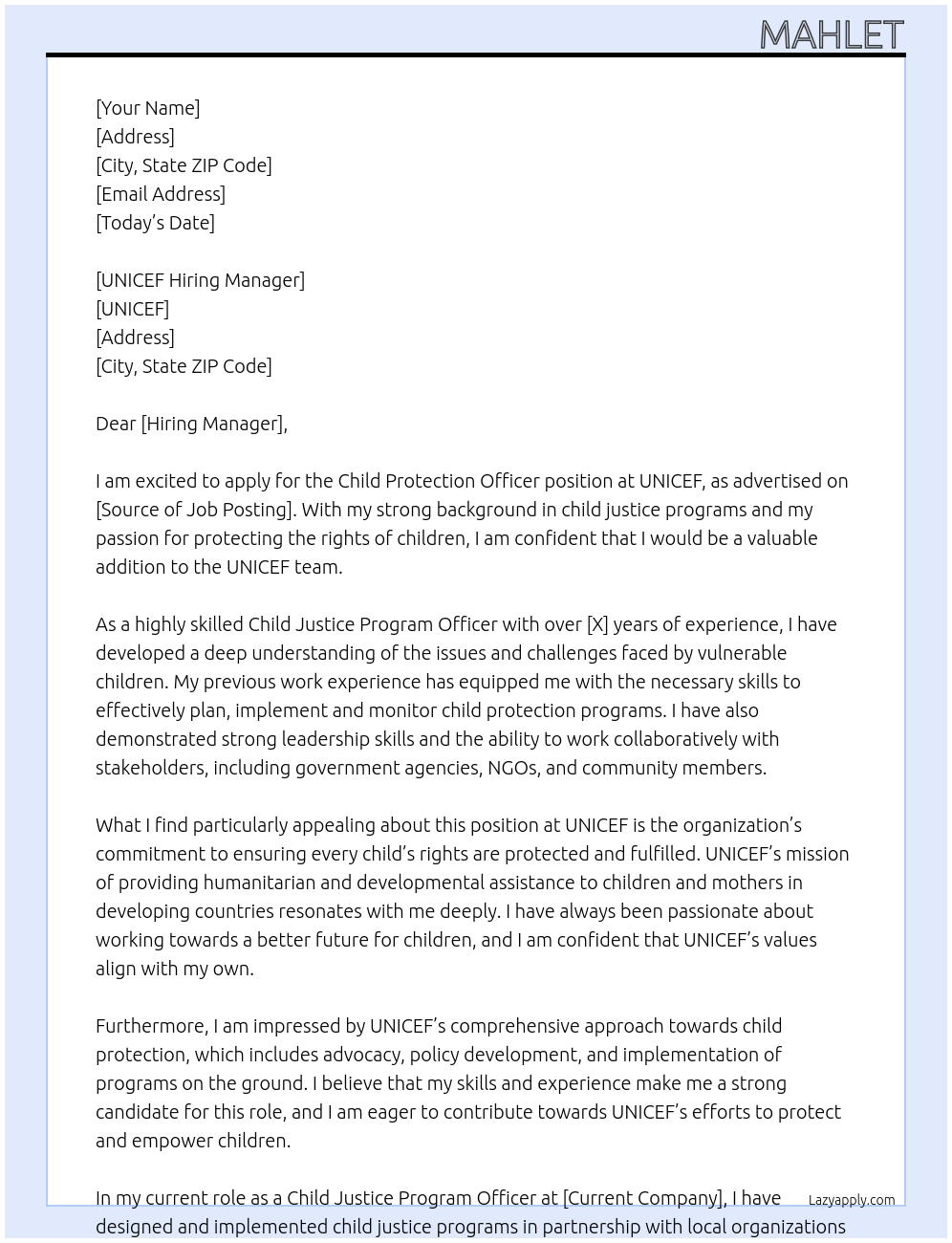 child protection officer At unicef Cover Letter