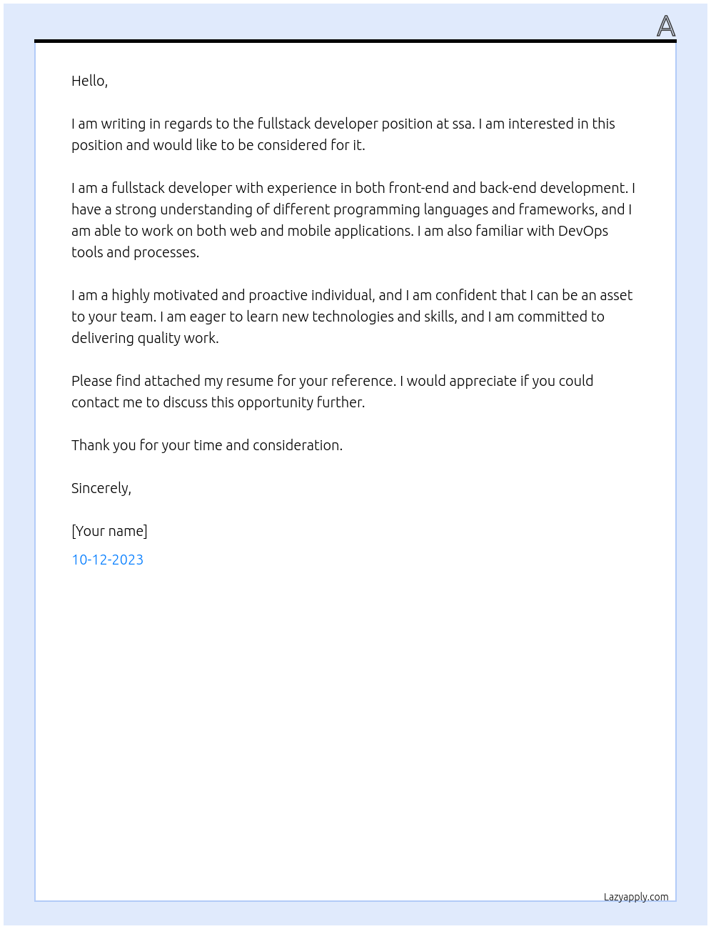 fullstack Developer At ssa Cover Letter