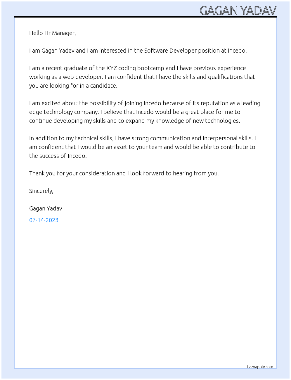 Software Developer At Incedo Cover Letter