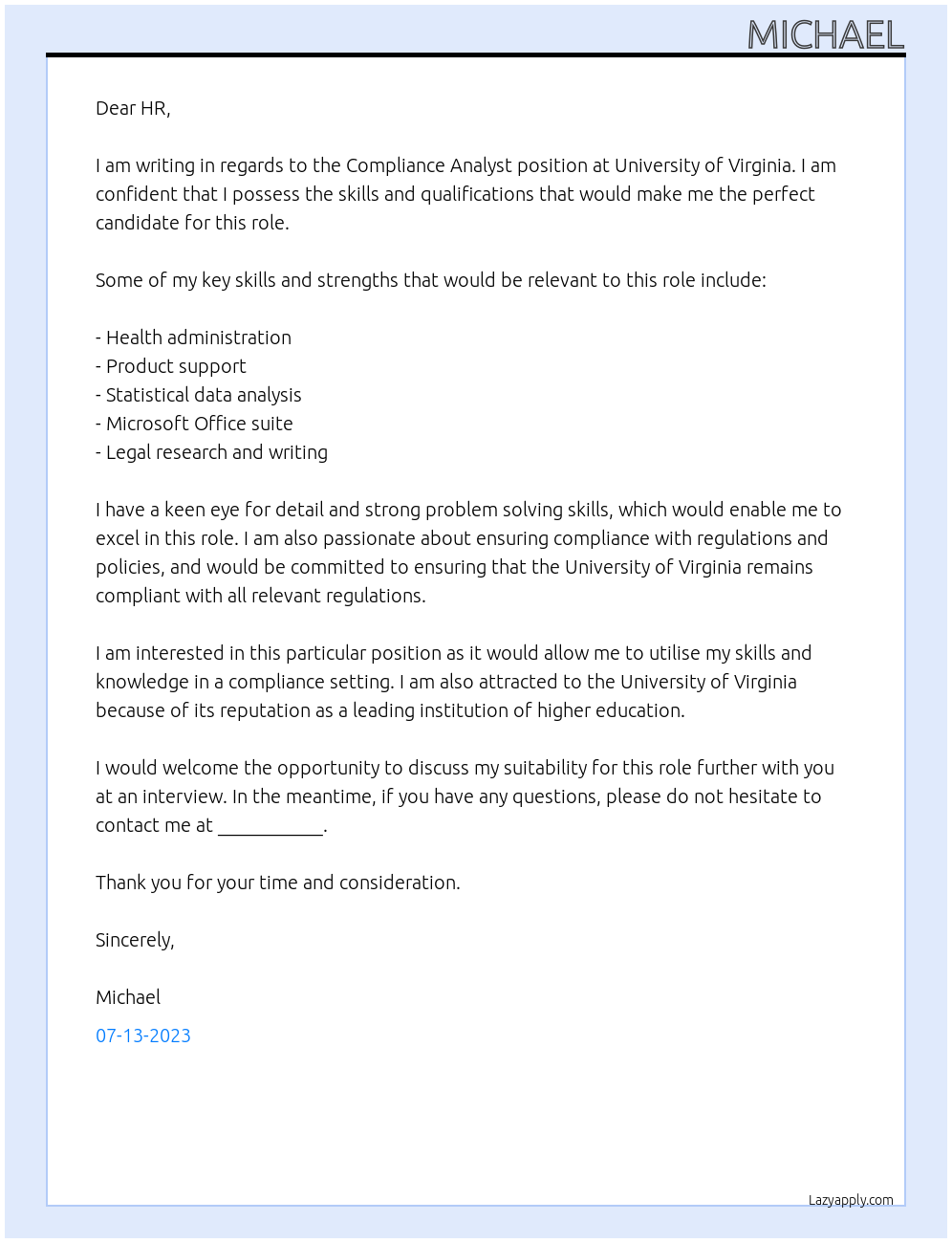 Compliance Analyst At University of Virgina Cover Letter