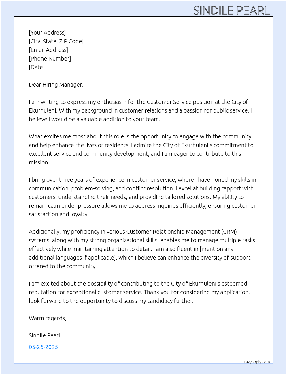 Customer Service At City of Ekurhuleni Cover Letter