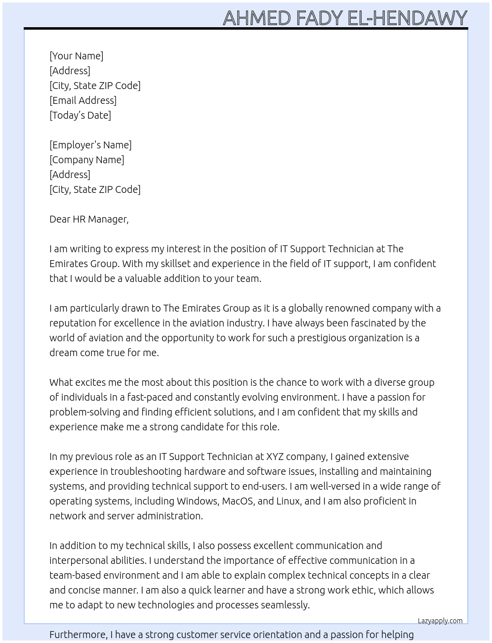 IT Support Technician At The Emirates Group Cover Letter