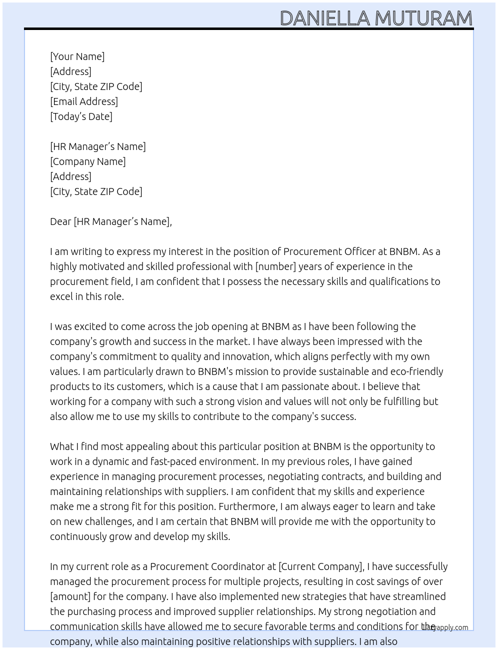 procurement officer At BNBM Cover Letter