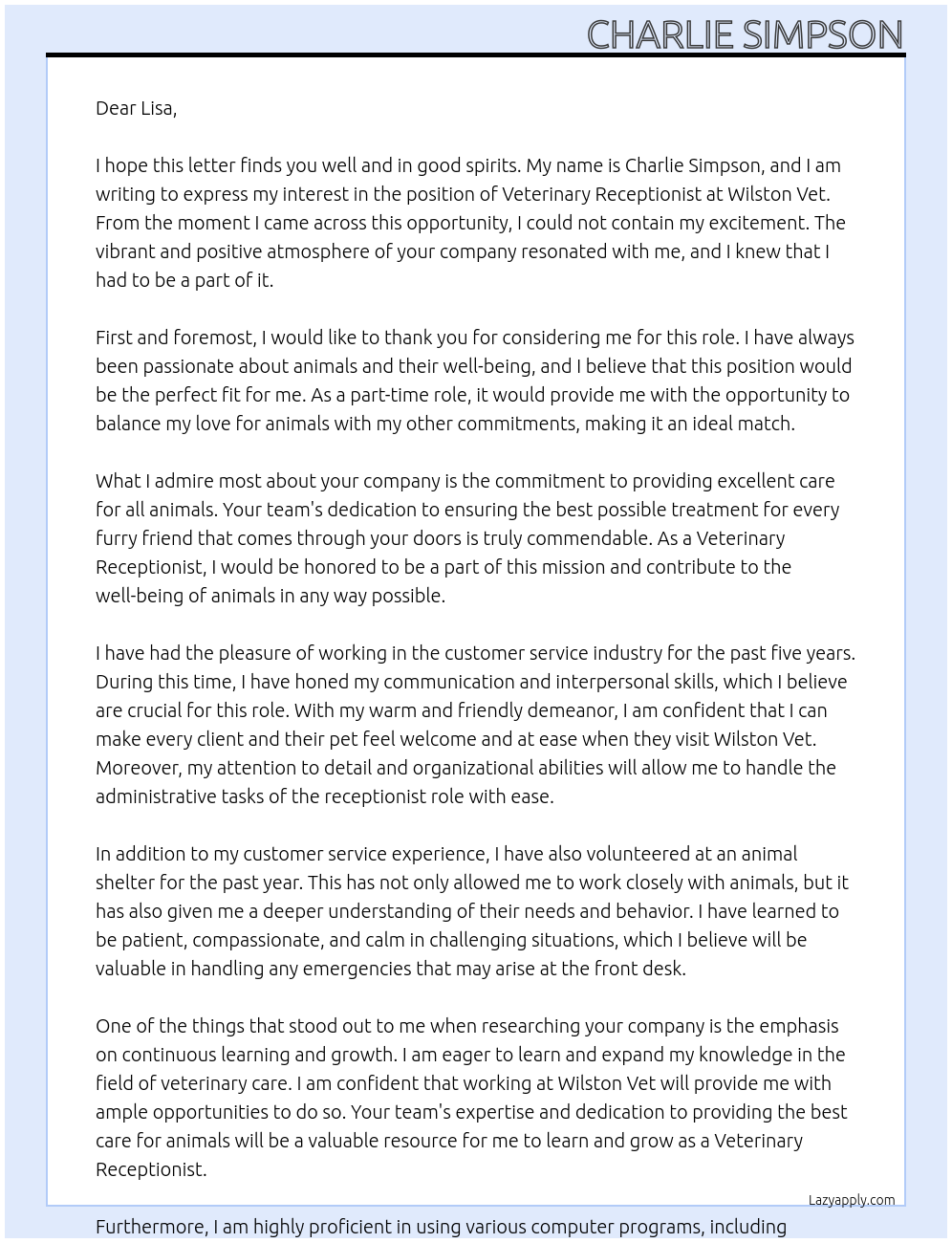 Veterinary Receptionist At Wilston Vet Cover Letter