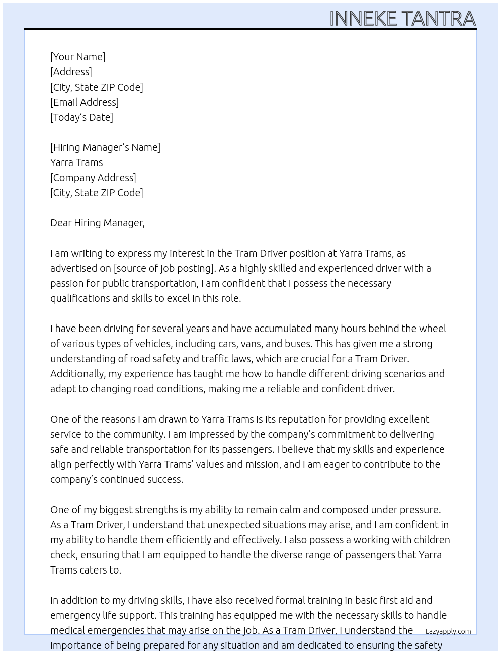 Tram Driver At Yarra Trams Cover Letter