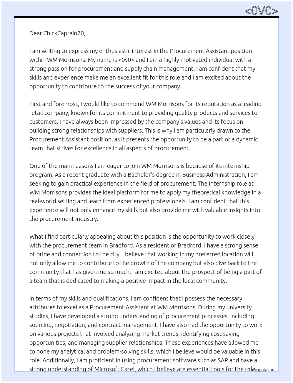 procurement assistant At wm morissons Cover Letter