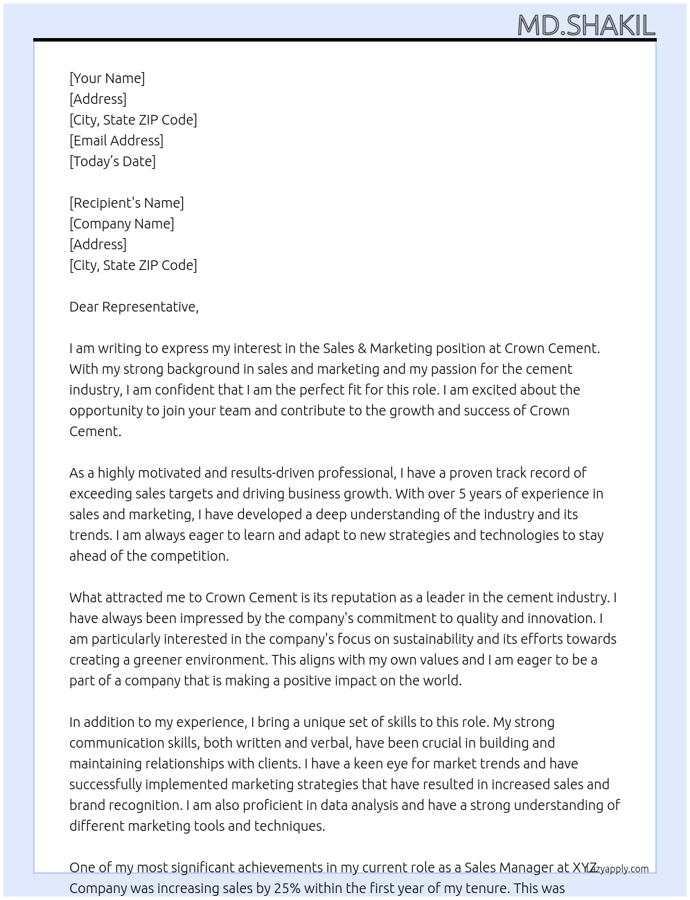 Sales & marketing At Crown cement Cover Letter