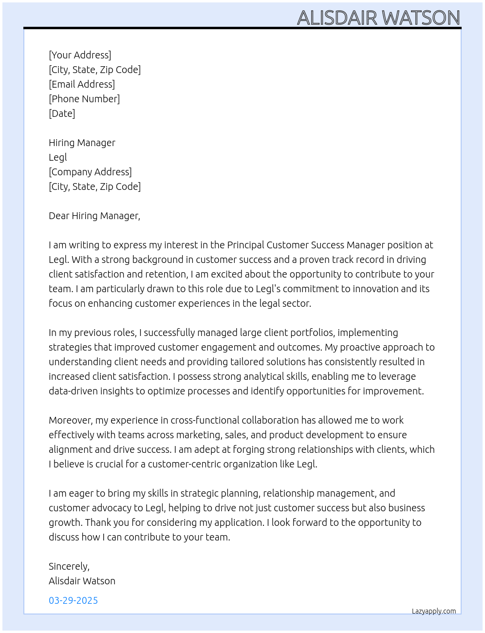 Cover letter for principal customer success manager - LazyApply