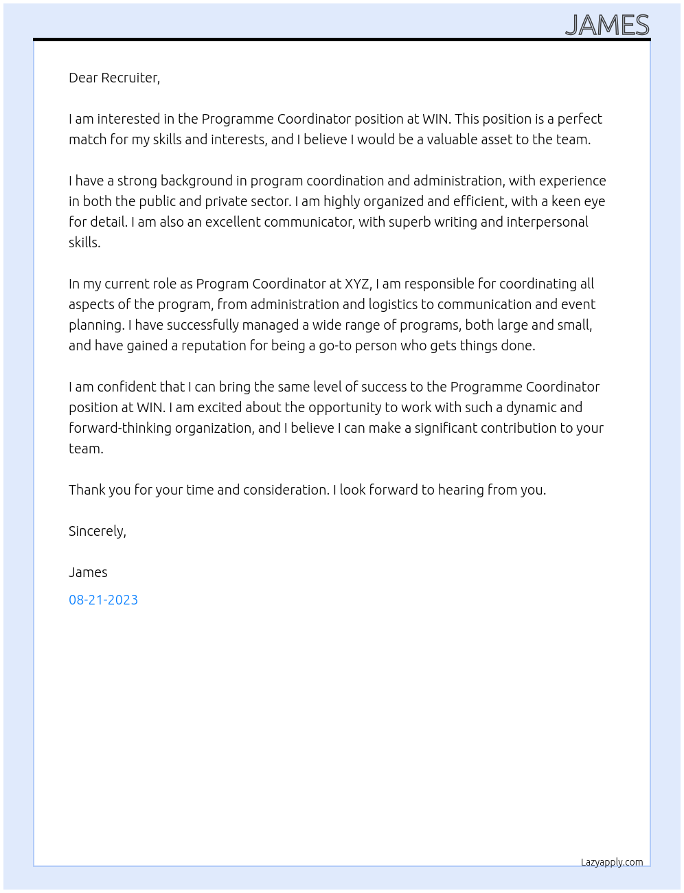 Programme Coordinator At WIN Cover Letter