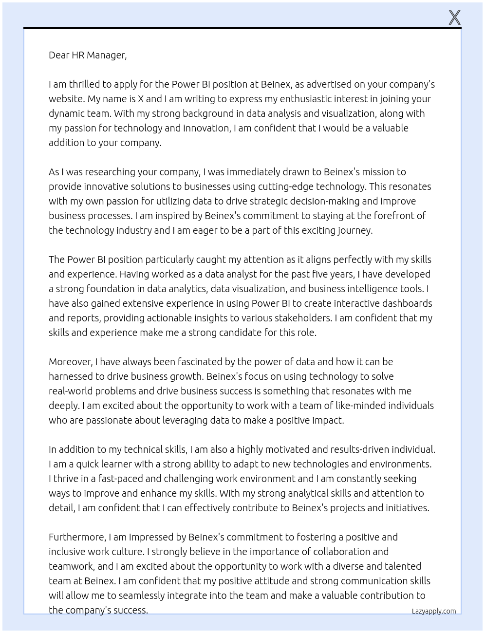 Power BI  At Beinex Cover Letter