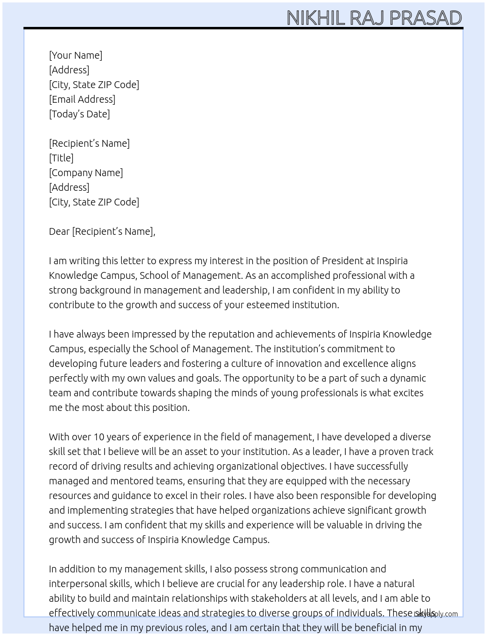 President At Inspiria knowledge campus, School of management' Cover Letter