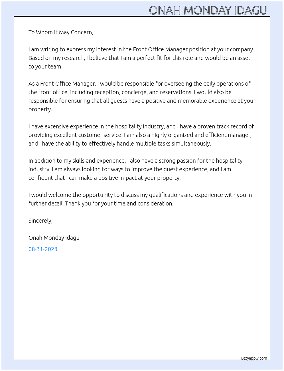 Front office Manager At N/A Cover Letter