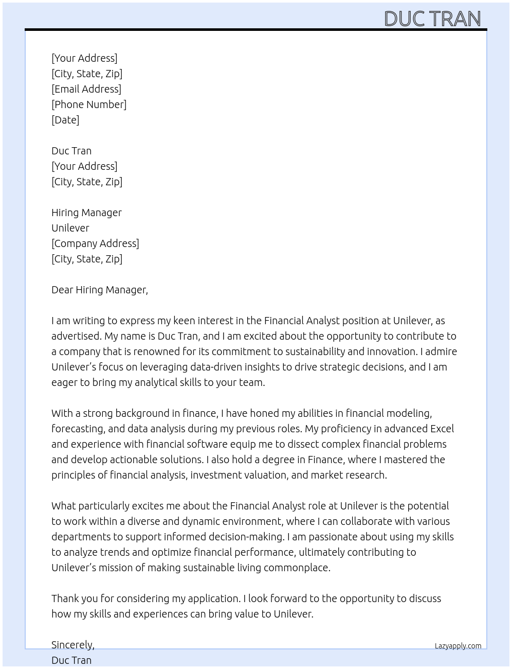 Financial Analyst At Unilever Cover Letter