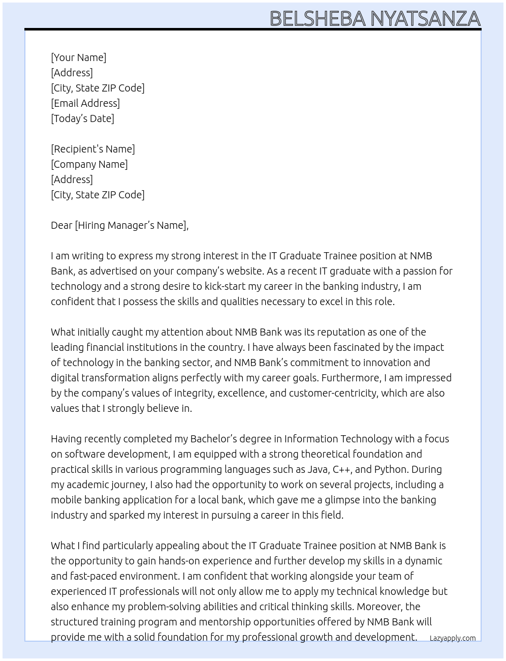IT GRADUATE TRAINEE At NMB Bank Cover Letter