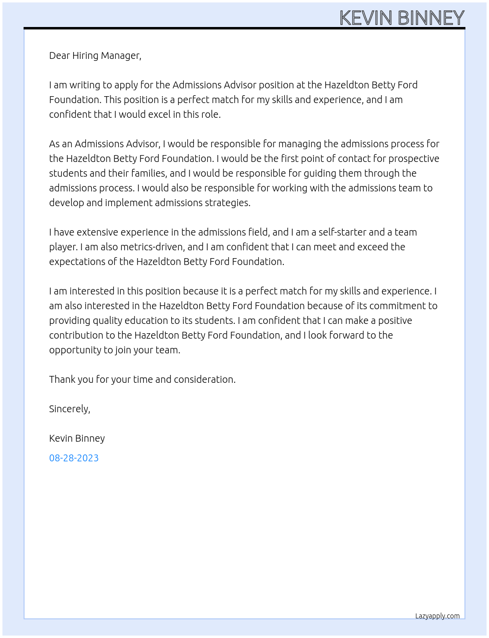 Admissions Advisor At Hazeldton Betty Ford Foundation Cover Letter