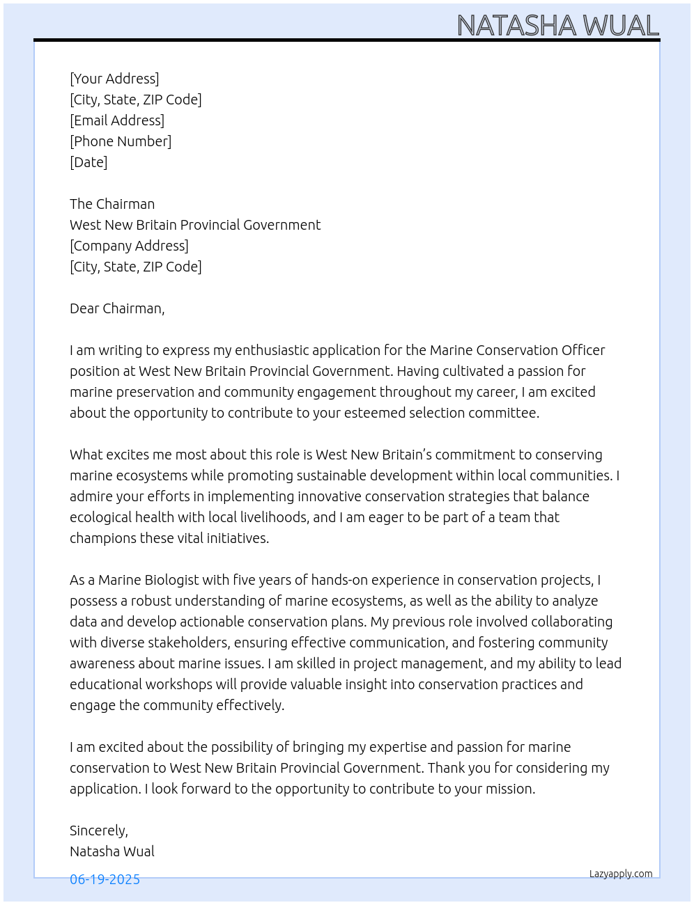 Cover letter for marine conservation officer - LazyApply